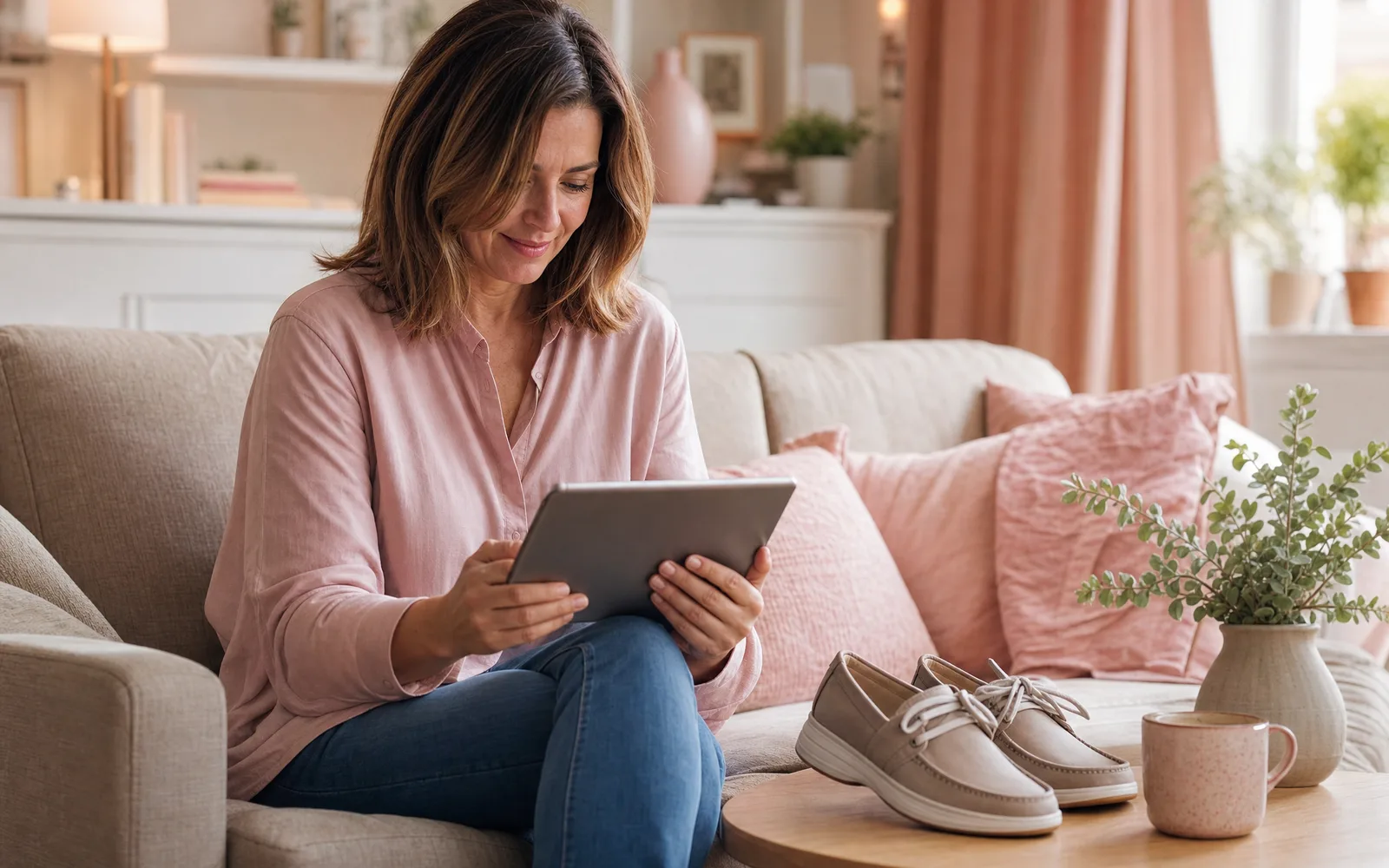 Femme consultant un guide sur les chaussures orthopédiques femme, ambiance chaleureuse rose et beige