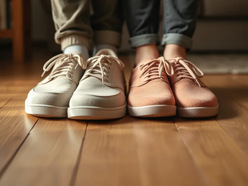 Chaussures orthopédiques homme et femme posées côte à côte, comparaison dans une lumière douce