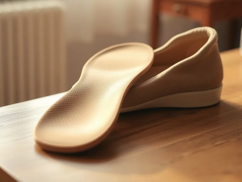 Semelle orthopédique amovible posée à côté d’une chaussure orthopédique, lumière chaleureuse